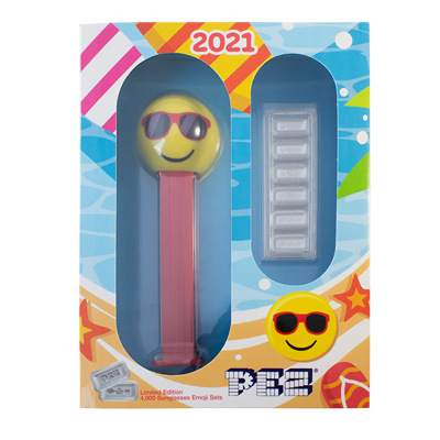 A picture of a PEZ® Chillin' Sunglasses Emoji Silver Wafers & Dispenser Gift Set